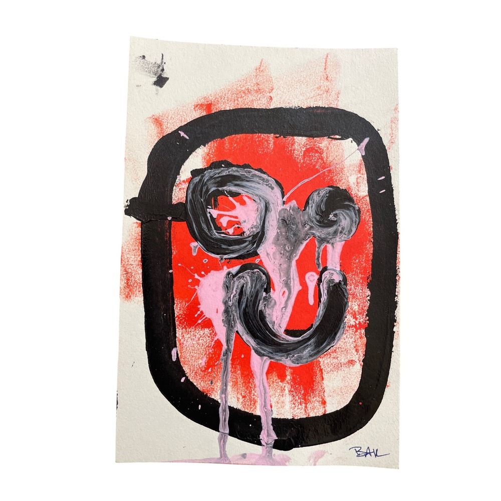 Original Abstract Expressionist Painting Red Black Pink Signed 5.5x8.5 Mix Media